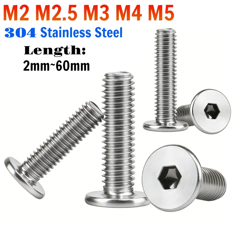 Beicai Ultra Thin Hex Socket Flat Wafer Screw SUS304 Stainless Steel Allen Hexagon Ultra Thin Bolt M2 M2.5 M3 M4 M5