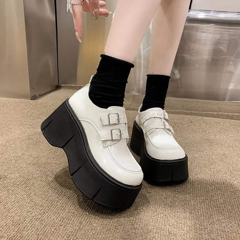 2026 Vintage British Style Women's Black High Heel Loafer Shoes with Metal Buckle Thick Platform for Petite