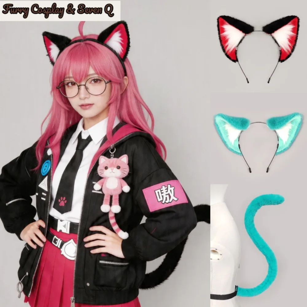 Handmade Cat Ears & Tail Set Nanaly Mint Style Cat Headband Anime Cosplay Props for Performance Anime Party Costume Accessories