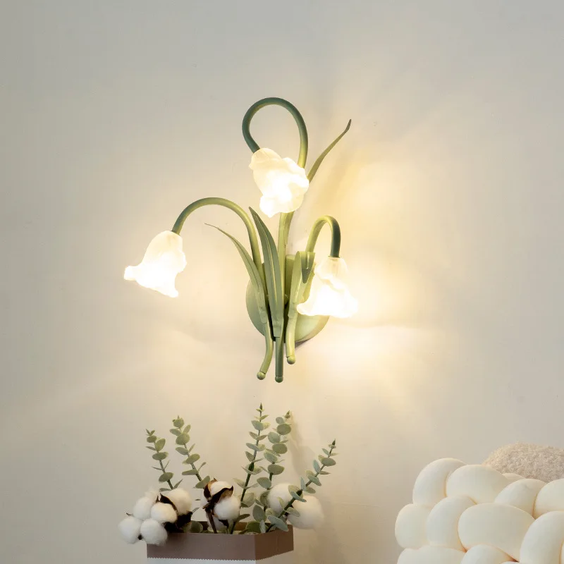

French pastoral cream wind bedroom bed wall lamp Creative flower background wall American minimalist green LED fresh decor light