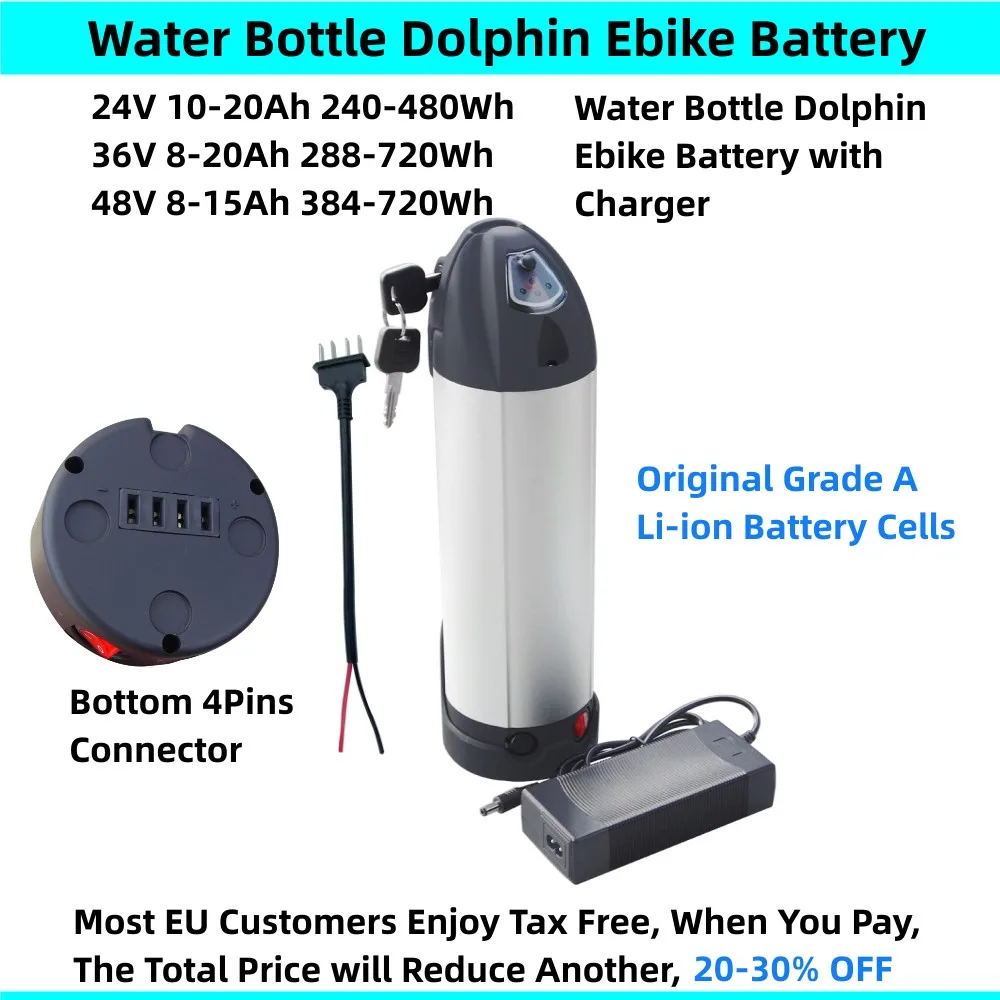 24v 36v 48v 8Ah 8.8Ah 10ah 12Ah 13Ah 14Ah 15Ah 17Ah 20Ah Li-ion Water Bottle Dolphin E-bike Battery with Charger 250w 350w 500w