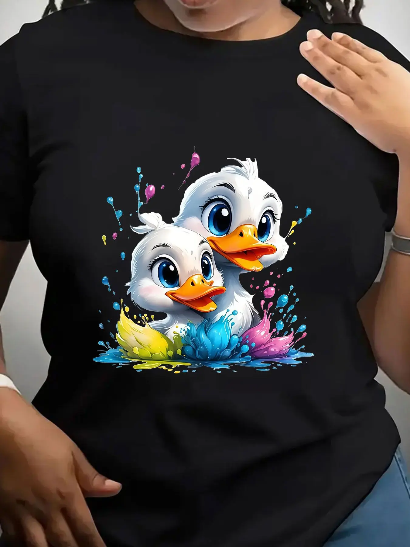 Women's Trendy Crew Neck T-Shirt Cute Ducks with Colorful Splash Suitable for Casual Sportswear