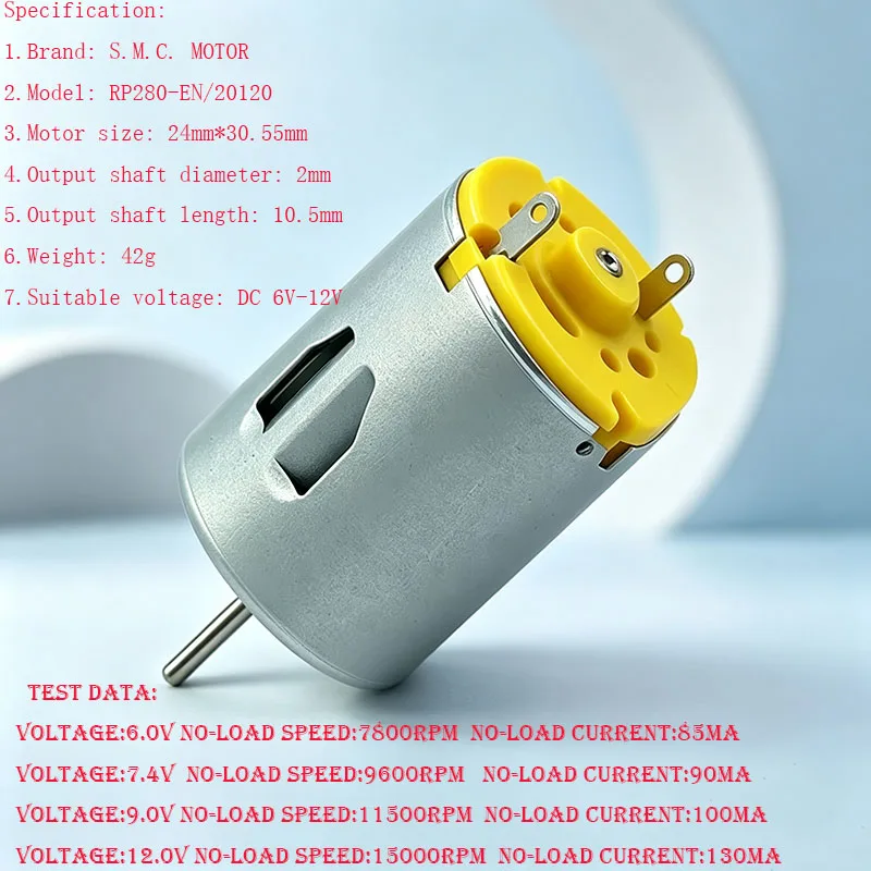 1PCS Mini 280 Motor RP280-EN/20120 High Speed DC 6V 9V 12V 15000RPM 24mm round Spindle for DIY Hobby Toy Car Boat Fan Model