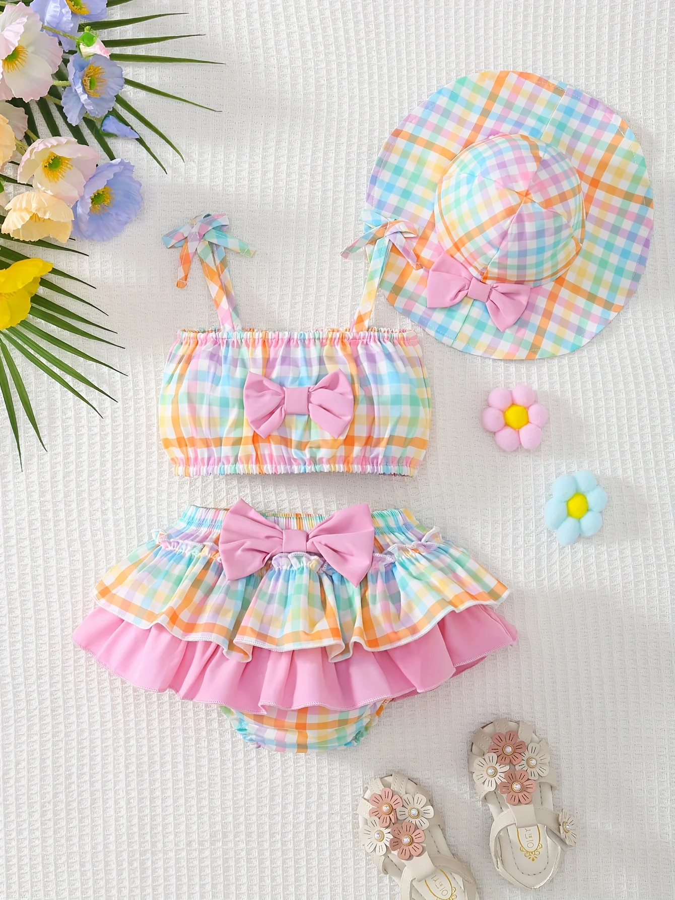3pcs Colorful Strapless Top for Baby Girls + Elastic Waist Bow-Decorated Bloomer Skirt + Cute Summer Sun Hat for Outings