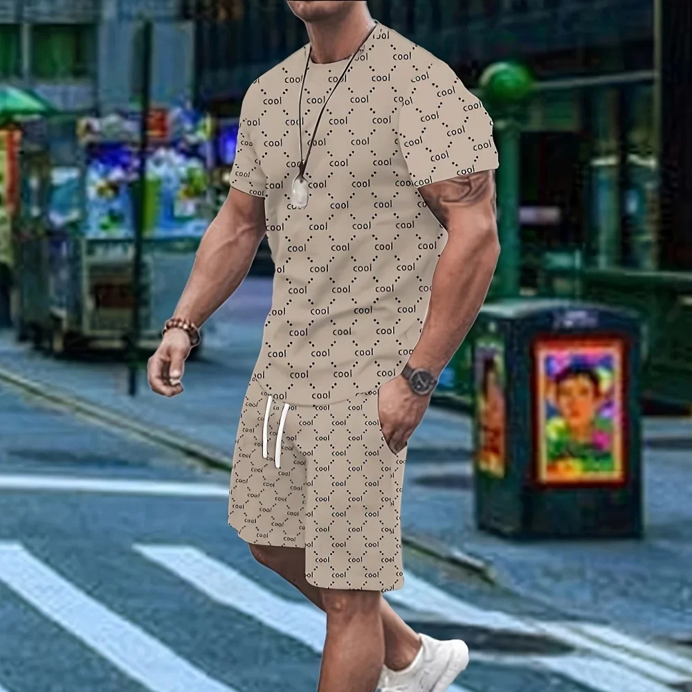 Pakaian Pantai 2026, Pakaian Olahraga Musim Panas Baru untuk Pria, Setelan Kasual Bergaya Jalanan dengan Cetakan, Kaos dan Celana Pendek Pria dengan Cetakan Stereo 3D, Set Dua Potong