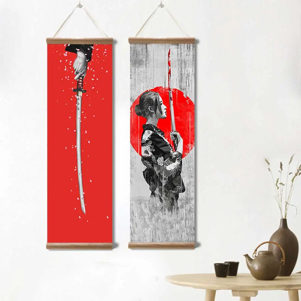 Japanese Ukiyoe Guard Samurai Canvas Scroll Painting Posters Prints Wall Art Pictures for Living BedRoom Home Decor with Framed