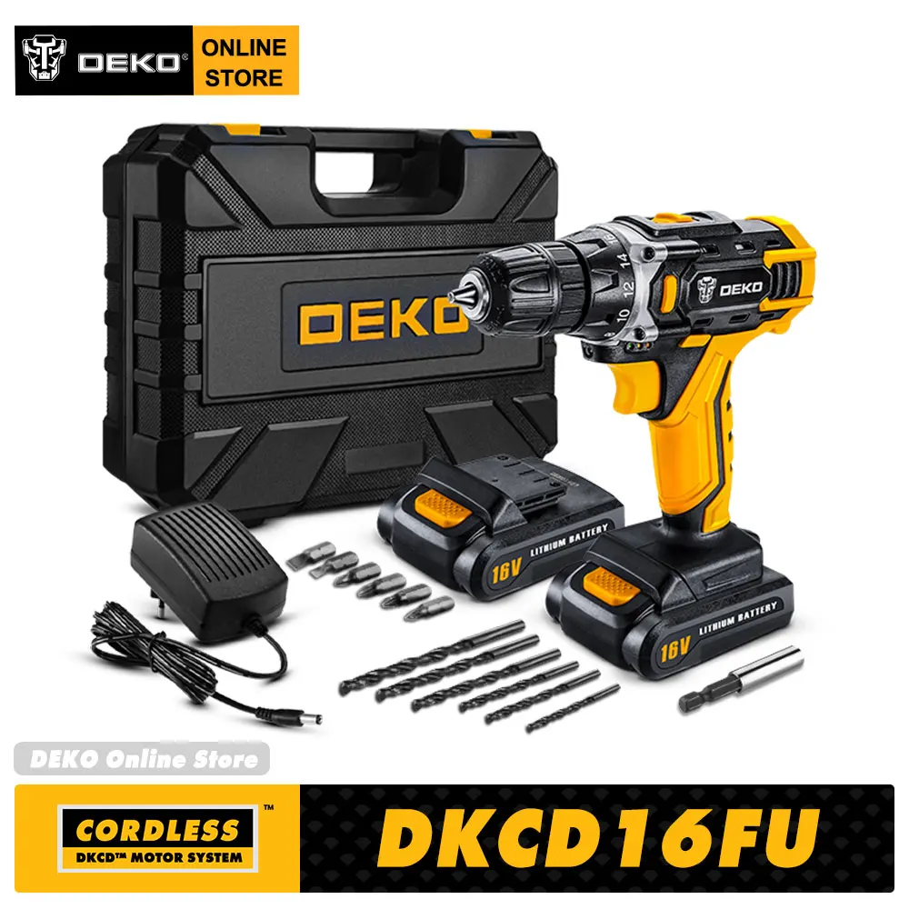 DEKO New Loner 16V LED Cordless Drill Mini Wireless Power Driver with Lithium Battery Pack Electric Screwdriver for Woodworking