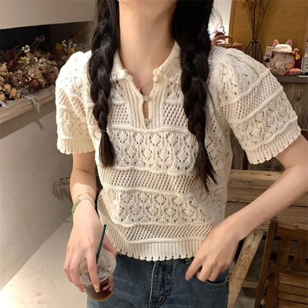 Fashion Polo Collar Hollow Out Knitted T-shirt Patchwork Flower Short Sleeve Sheer Crochet Top Beach Wear Hooked Party