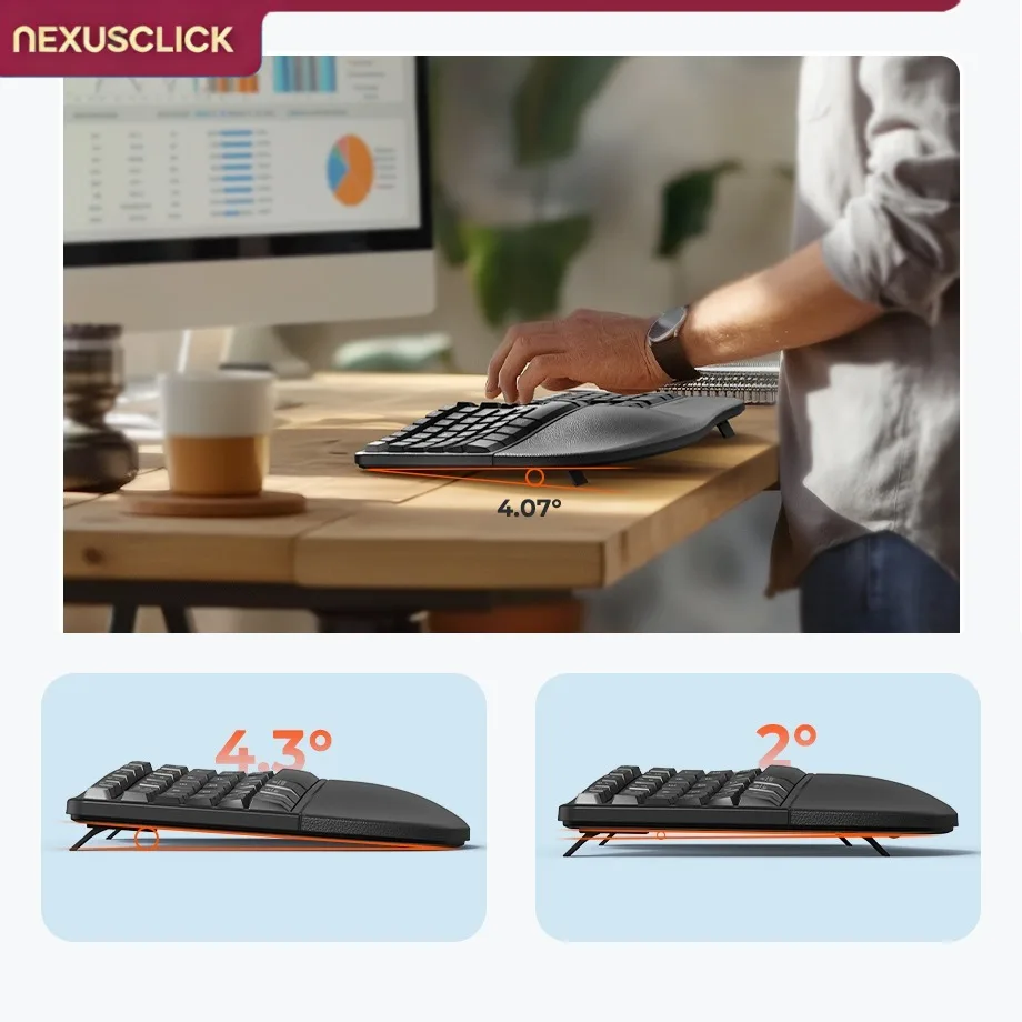 NexusClick Wireless Ergonomic Keyboard Mouse Combo,Rechargeable Split Keyboard with Wrist Rest,Vertical Mice for Office Typing