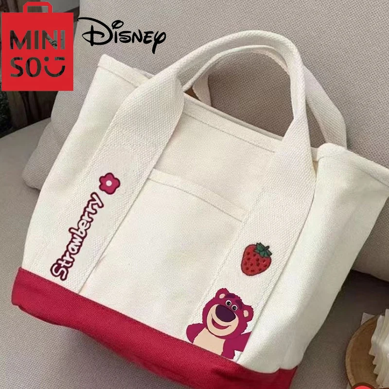 MINISO Disney Series Strawberry Bear Cartoon Printed Handbag for Women Mini Canvas Bag for Women Student Bento Bag