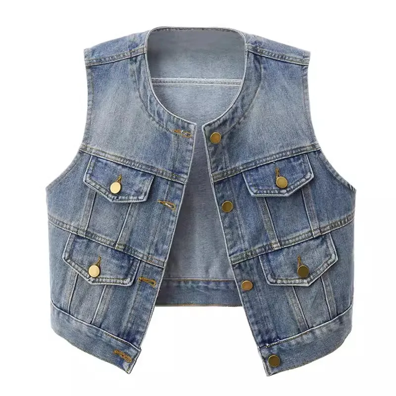 

Spring Autumn O Neck Denim Vest Women Korean Student Cowboy Sleeveless Jacket Coat Vintage Slim Short Jean Waistcoat Female W22