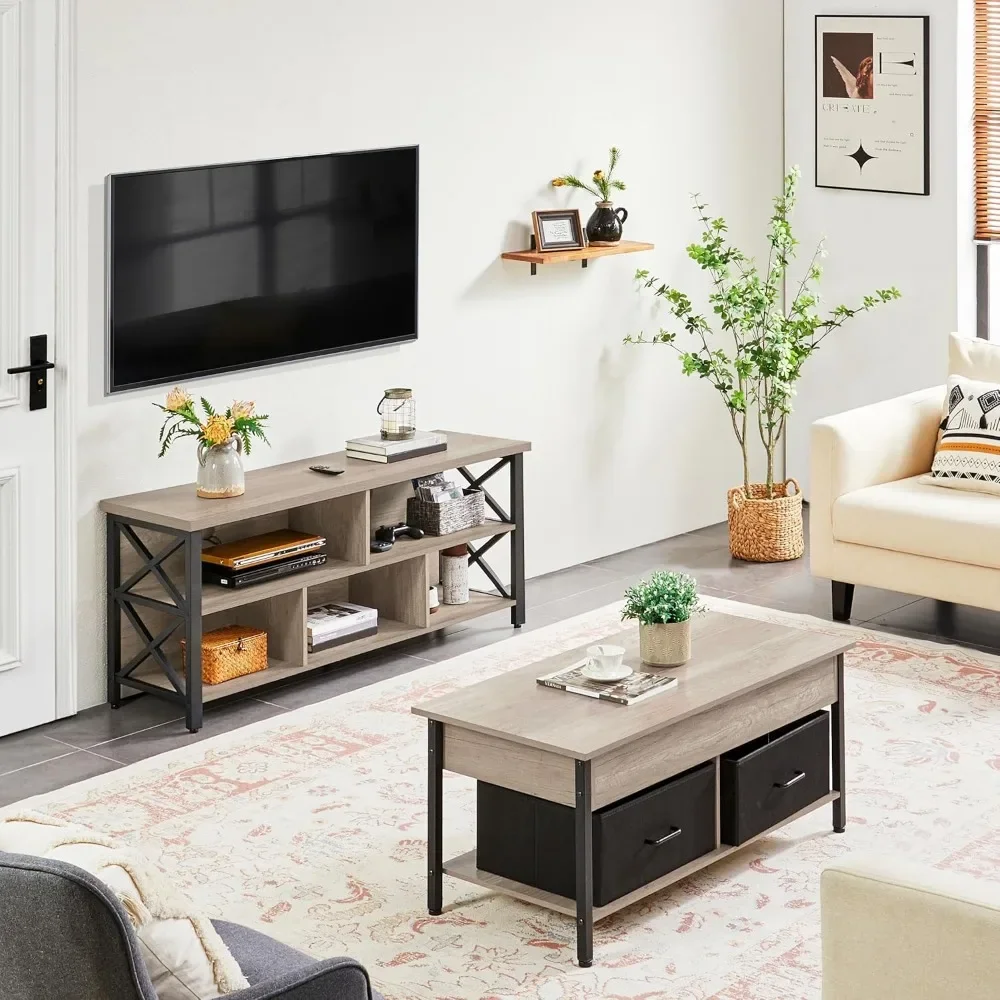 4 Stück Wohnzimmer Tisch garnituren-inklusive TV-Ständer mit Stauraum, Lift-Top-Couch tisch mit Körben, 2 Set End Beistell tisch