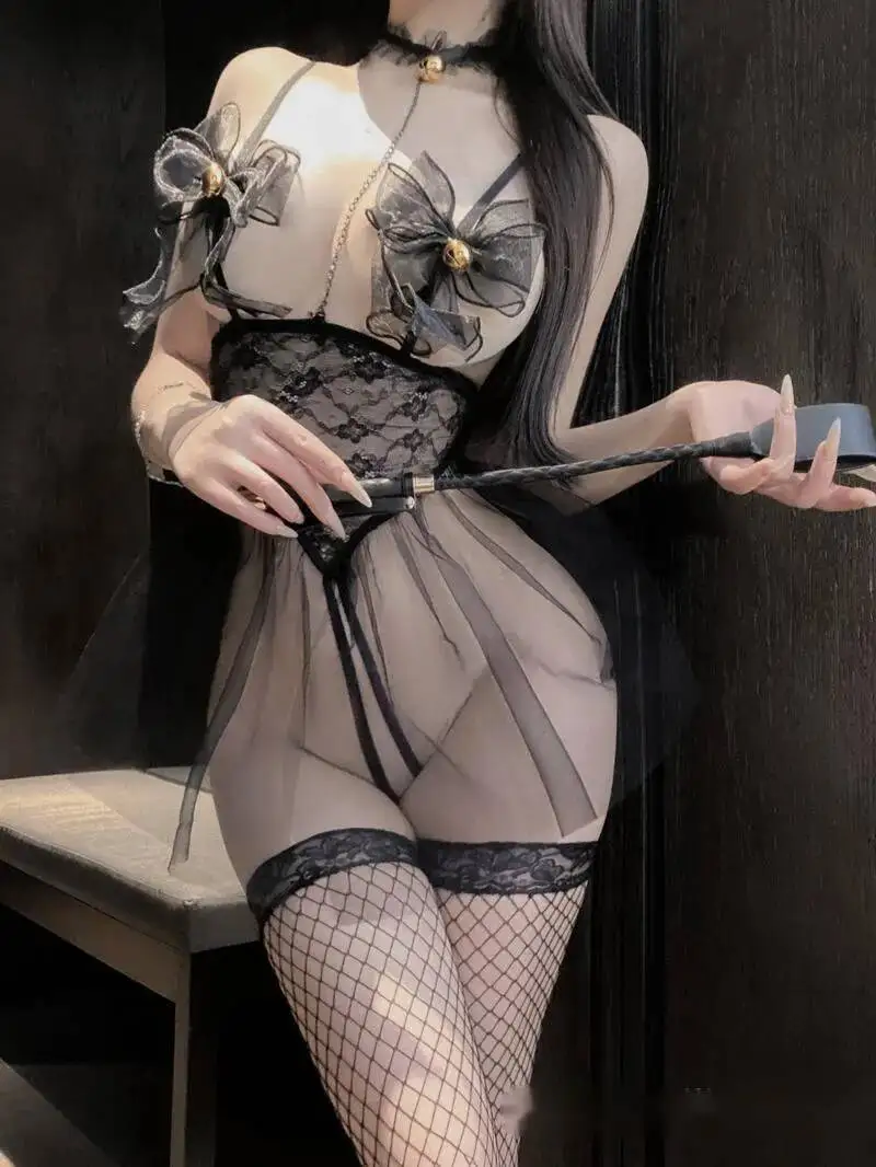 Mesh Lace Sheer Bow Sexy Cat Girl Uniform Pure Desire Lace Seduction Camisole Tank Mini Dress Pajama Dress Elegant SM Tops P9F6