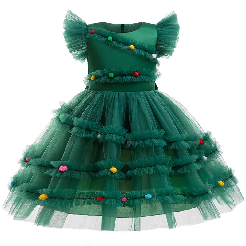 BaBy Girls Christmas Dress Kid Green Mesh Dresses for Child 2-8Years Toddler Girls Party Princess Gown Costume Birthday Present