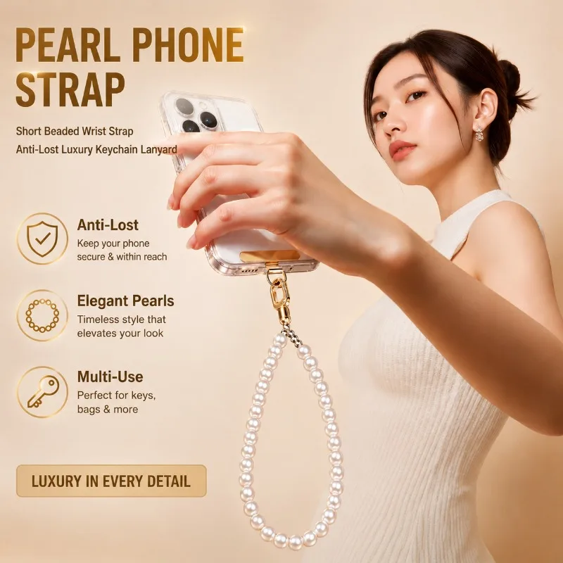 Luxury Simulated Pearl Beaded Wristlet Chain, Short Hand‑held Phone Ornament, Anti‑theft Safety Tether Equipped with Connect