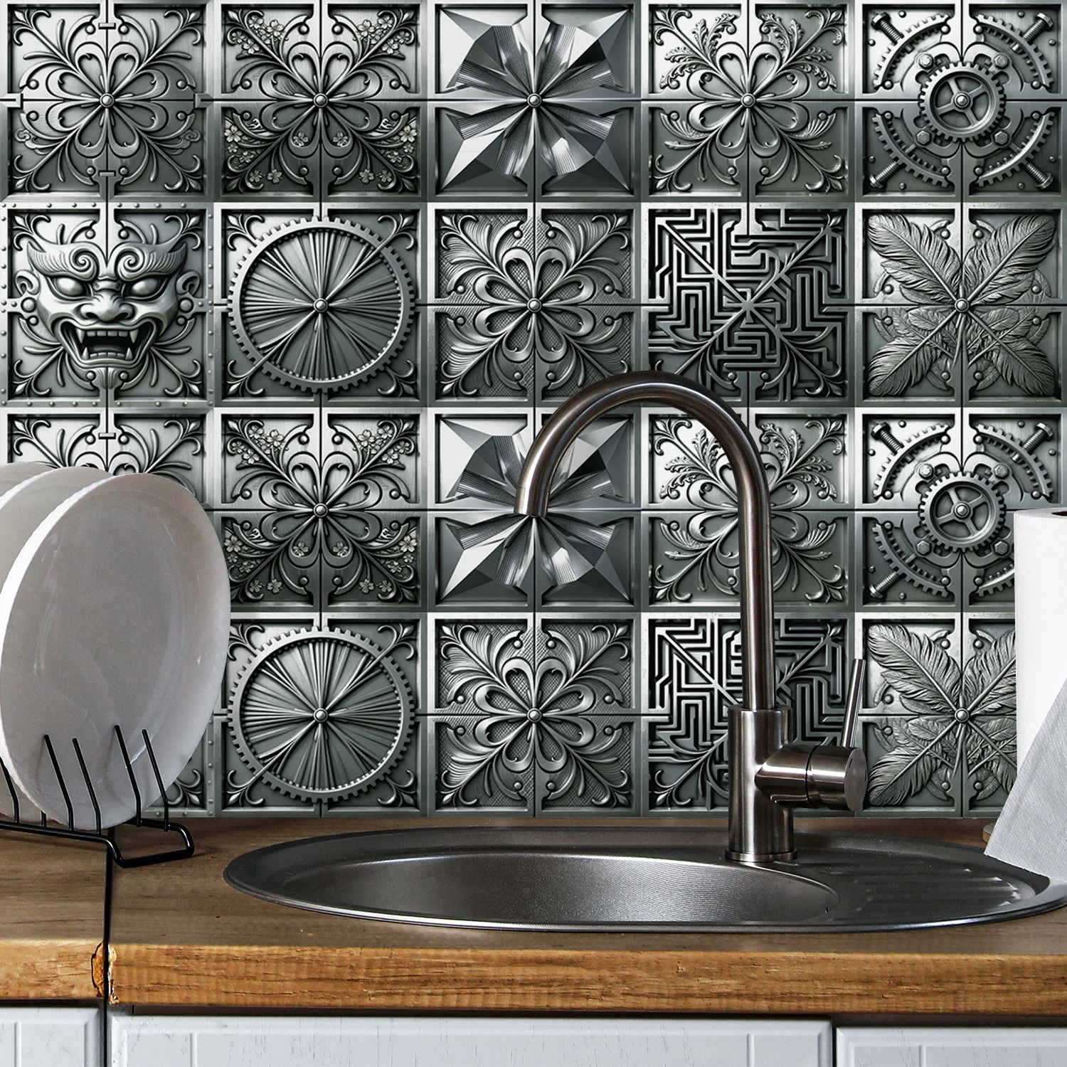Cyberpunk Industrial Style Tiles Sticker Kitchen Backsplash Oil-proof Cupboard Washbasin Peel & Stick Waterproof Art Wall Decals view 4