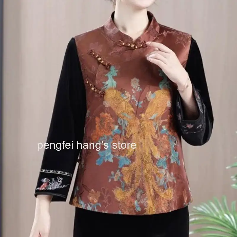 Women New Chinese Style Mandarin Collar Satin Jacquard Qipao Jacket Vintage Button Elegant Daily Blouse for Female