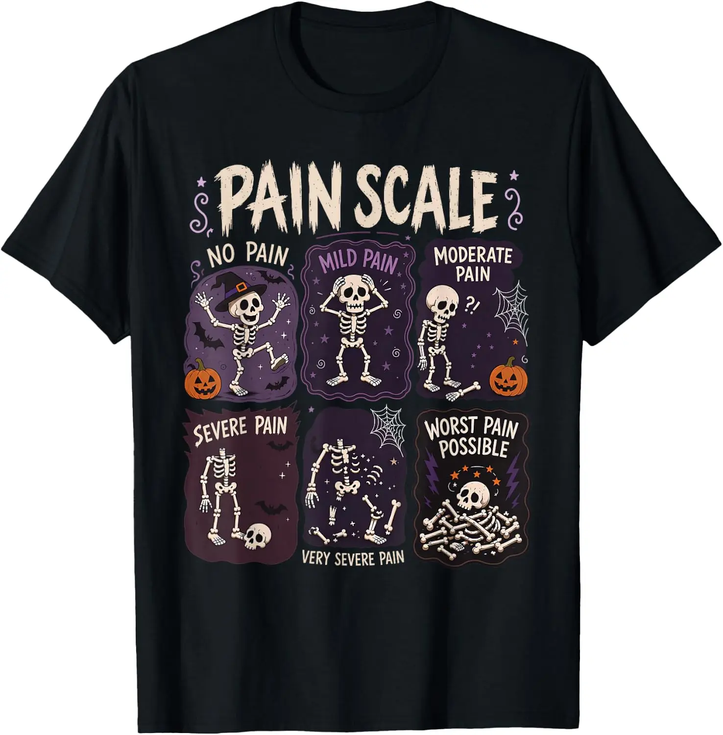 Funny Skeleton Pain Scale Trauma ER Nurses Crew Halloween T-Shirt Cute Halloween Pumpkin Short-Sleeve Tee: Fun, Breathable, Pure Cotton, Stylish—Perfect for Sports, Lounging, or Casual Wear.