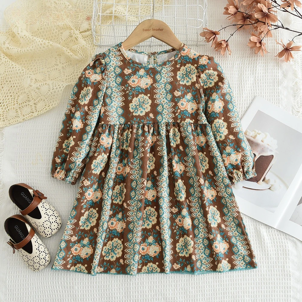 Girls' Casual Clothing Bohemian Style Flower Print Long Sleeved Dress Autumn Promotion