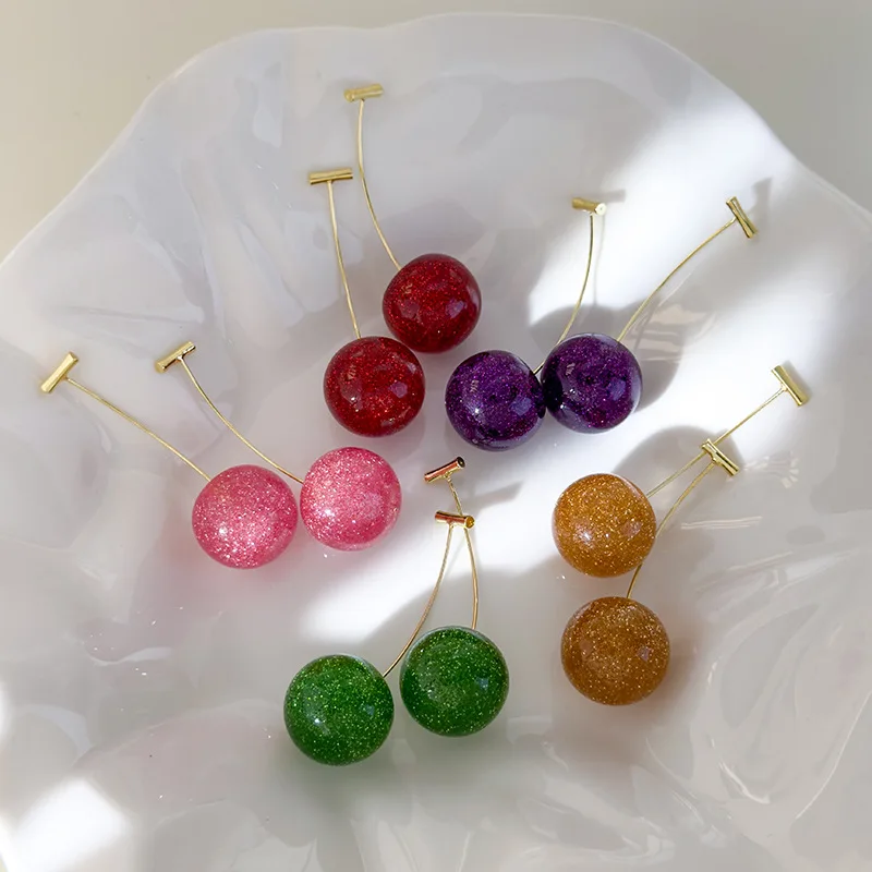 Earrings Sparkly Cherry Pendant Water Clear Gold Glitter Dimensional Lightweight Elegant Daily Versatile Summer Spring Jewelry