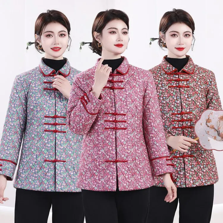 

Spring 2026 New Sle Floral Print Cotton Jaet Warm Winter Flag Dr Cotton Coat for Middle-Aged And ly Women