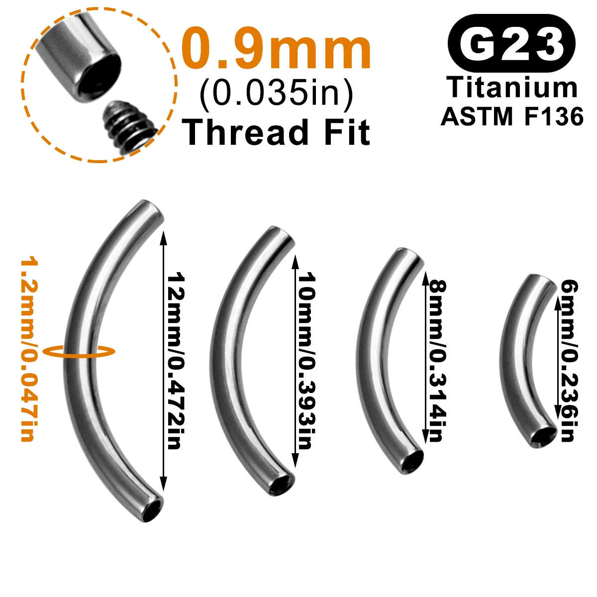 6pc ASTM F136 G23 Titanium Internal Thread Curved Piercing Bars Eyebrow Lip Cartilage Daith Piercing Jewelry 16G Replacement Bar