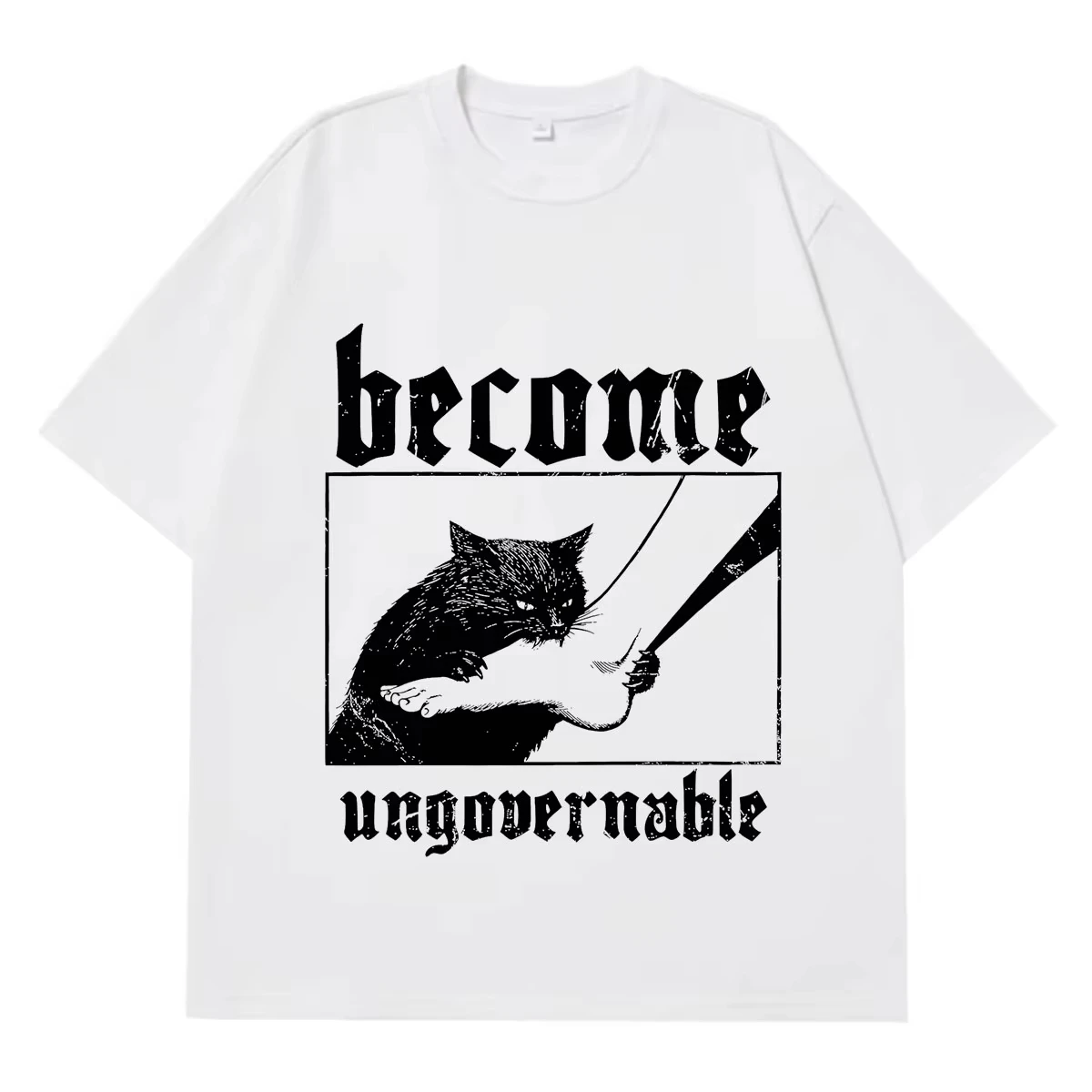 Become Ungovernable Funny Cat Biting Foot T-shirt Men's Women vintage T-Shirts Summer short-sleeved loose casual cotton t-shirts