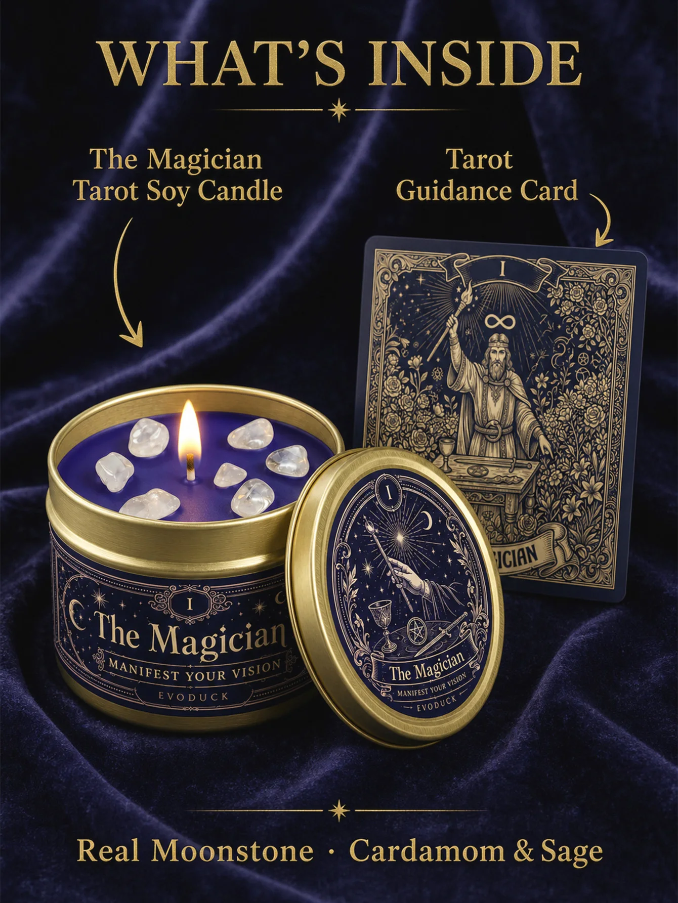EVODUCK The Magician Tarot Candle, Cardamom & Sage Scented Candle with Clear Crystal Stones, Purple Wax Gold Tin, Manifest Your Vision Spiritual Ritual Candle for Meditation, Intention Setting, Witchy Decor, Graduation Birthday Gift for Women Men