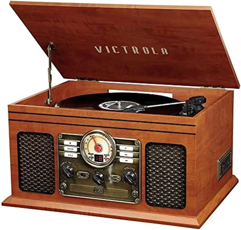 

6-in-1 Bluetooth Record Player with Turntable, CD, Cassette, FM Radio & Wireless Streaming - Vintage Style