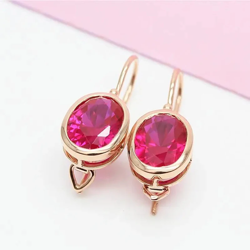 New in 585 purple gold plated 14K rose gold inlaid oval ruby earrings for women elegant and simple light luxury wedding jewelry