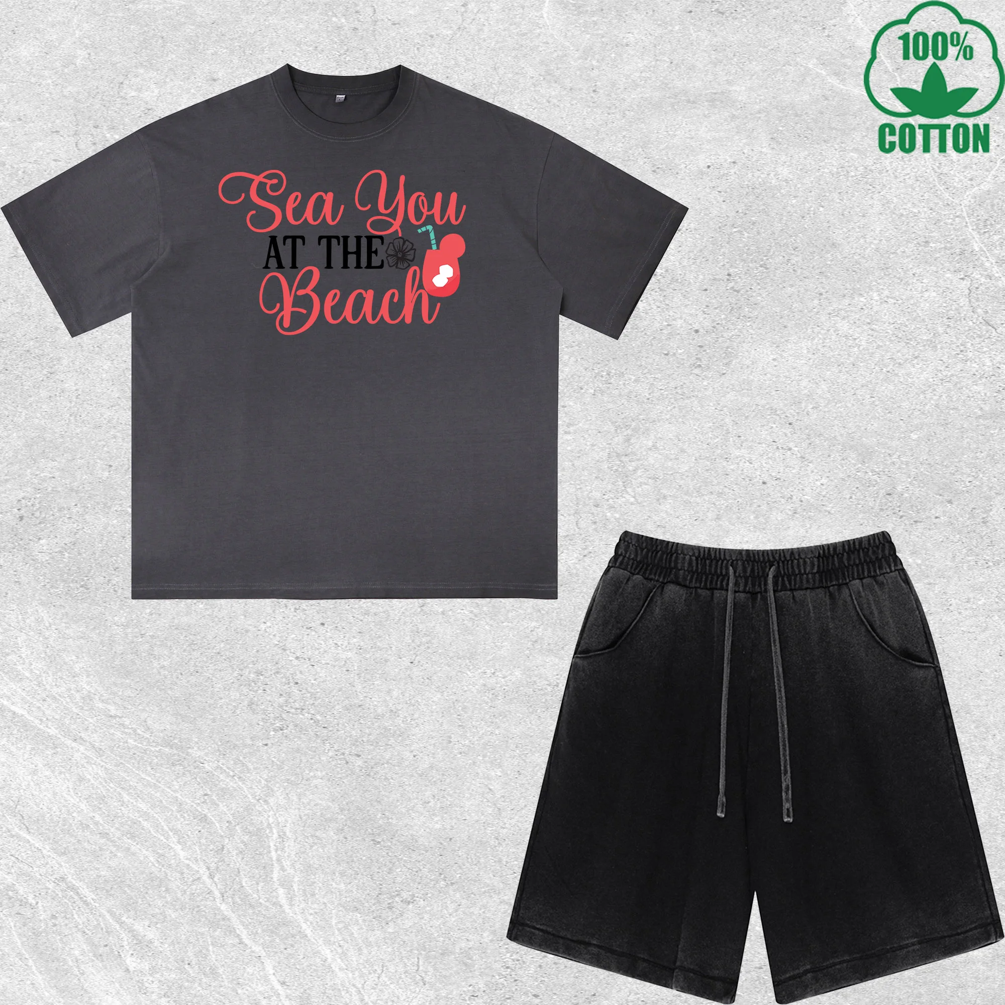 

Sea You at the Beach Printed Dirty Wash T-Shirt Shorts Set Multicolor Combo Loose Trendy Fashionable 100%Cotton