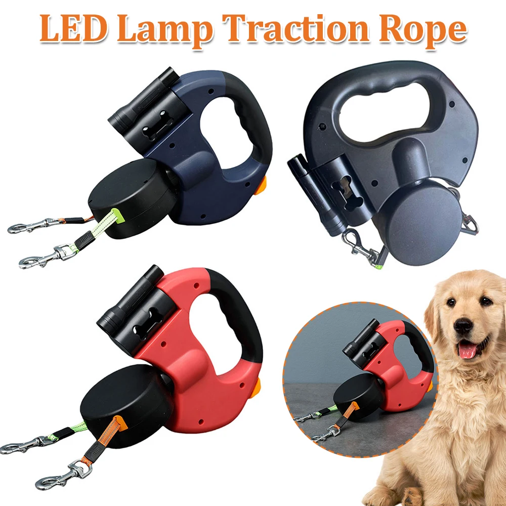 

Double Headed Dog Leash Traction Rope 360 Degree Swivel Dual Pet Leash with LED Light Retractable Dog Leash for 2 Dogs