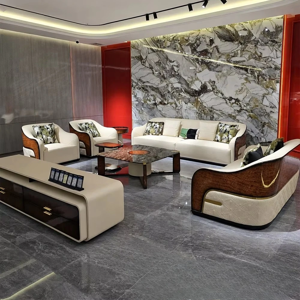 Luxury Living Room Sofa Set 1+2+3 Wood Couch Cream Leather Furniture with Marble Coffee Table One Stop Whole-House Custom