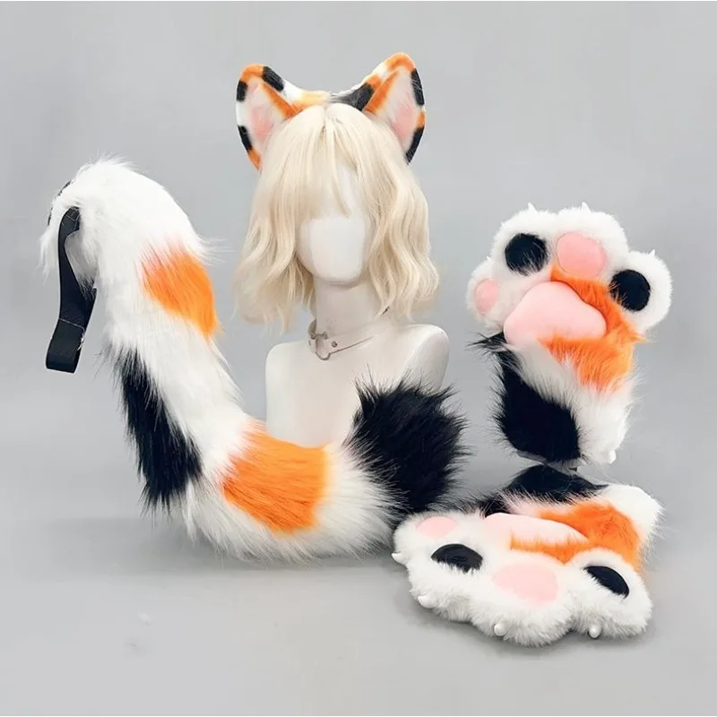 Three Flower Cat Ear Headdress Beast Tail Claw Set Furui Anime CosPropsCat EarHairOrnamentPawTailSet RolePlay StagePerformance
