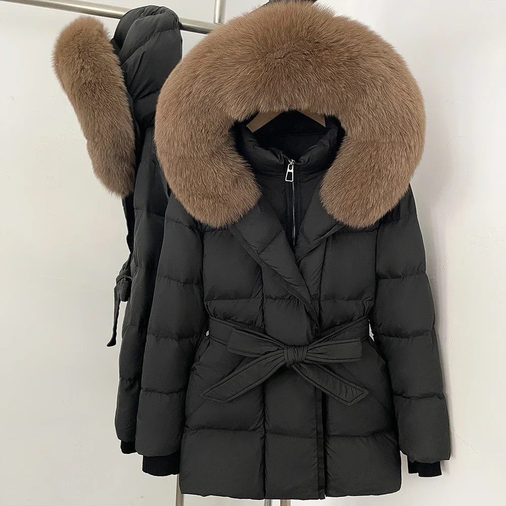 OFTBUY Damen-Winterjacke aus Entendaunen mit großem, natürlichem Fellkragen, Kapuze, Reißverschluss, Gürtel und tailliertem Schnitt, mit Fell für Damen – Detail 11