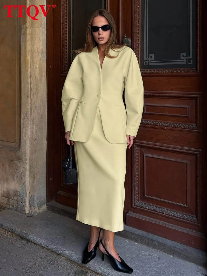 TTQV Fashion Loose Blue Office Two Piece Outfits Woman 2025 Elegant Long Sleeve Blazer With High Waist Long Skirt Set Female
