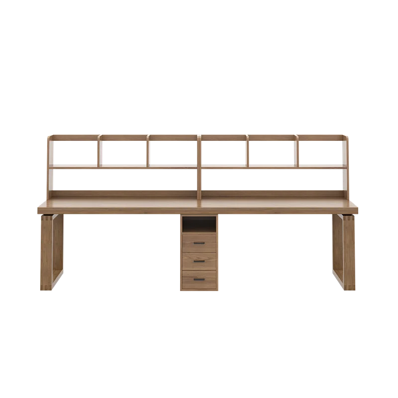 Solid wood double computer desk, bedroom, household , bookcase integrated against the wall, children's study table