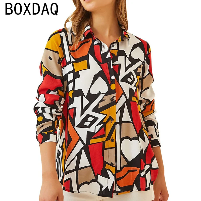 

Женская ретро-блузка в стиле кэжуал, весна-лето, с длинным рукавом, отложным воротником, принтом, приталенная, модная, в уличном стиле