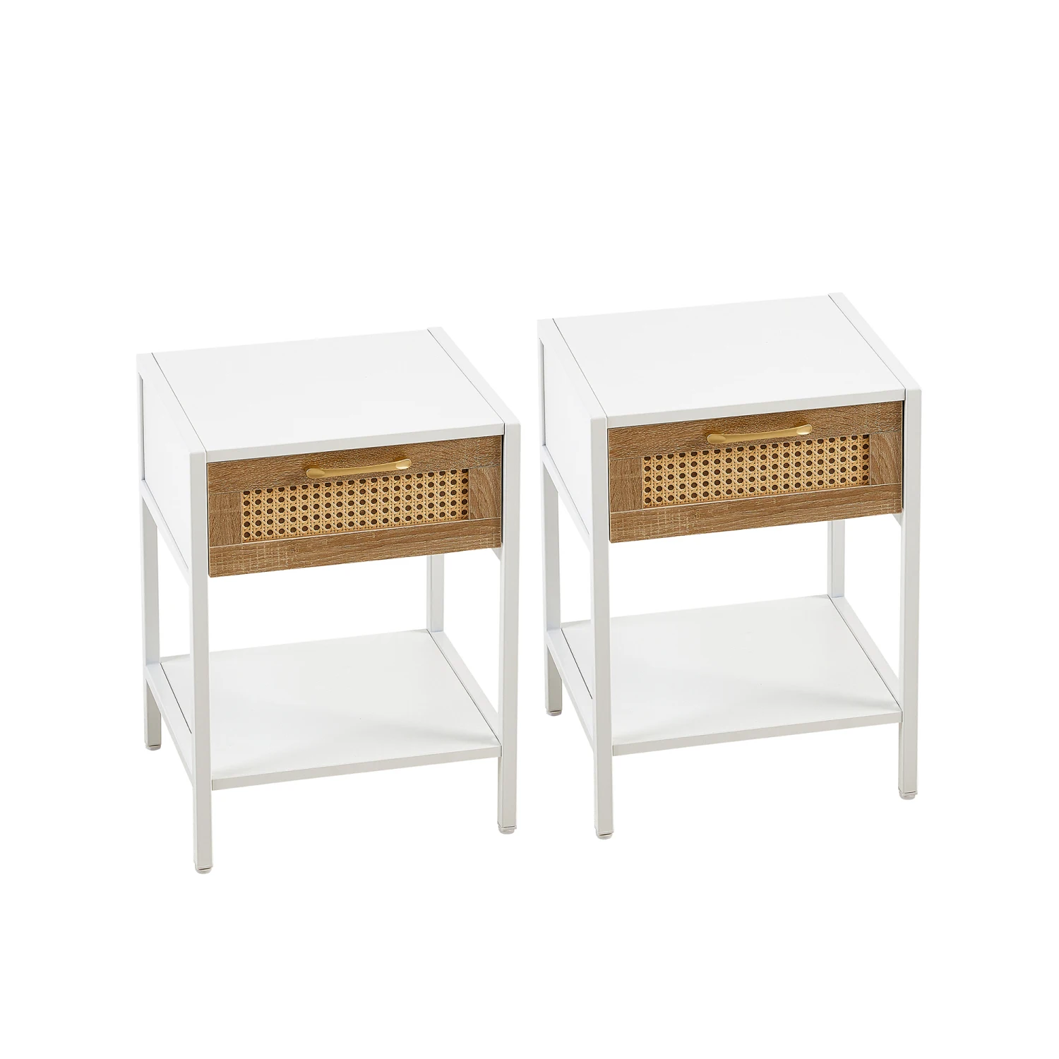 2er-Set, 15,74" Rattan-Beistelltisch mit Schublade, moderner Nachttisch, Metallbeine, Beistelltisch für Wohnzimmer, Schlafzimmer, weiß