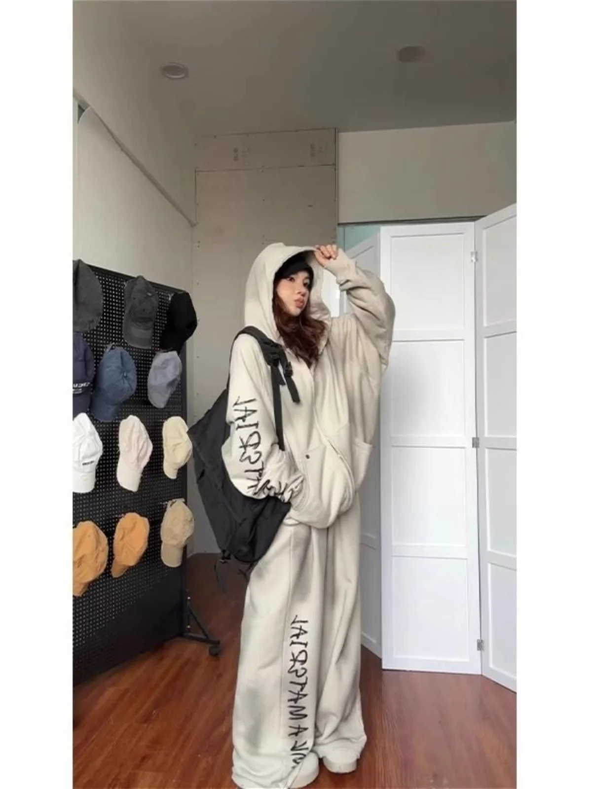 

American Style Casual Sportswear Set Women's Spring Autumn Winter Zipper Retro Hooded Jacket Wide Leg Pants Two Piece Set