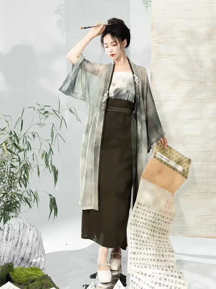 Modernized Chinese Ancient Hanfu Dress Women Party Outfit 2024 Summer Printed Short-sleeved Cardigan Wrap Skirt 3pcs Sets Hanfu