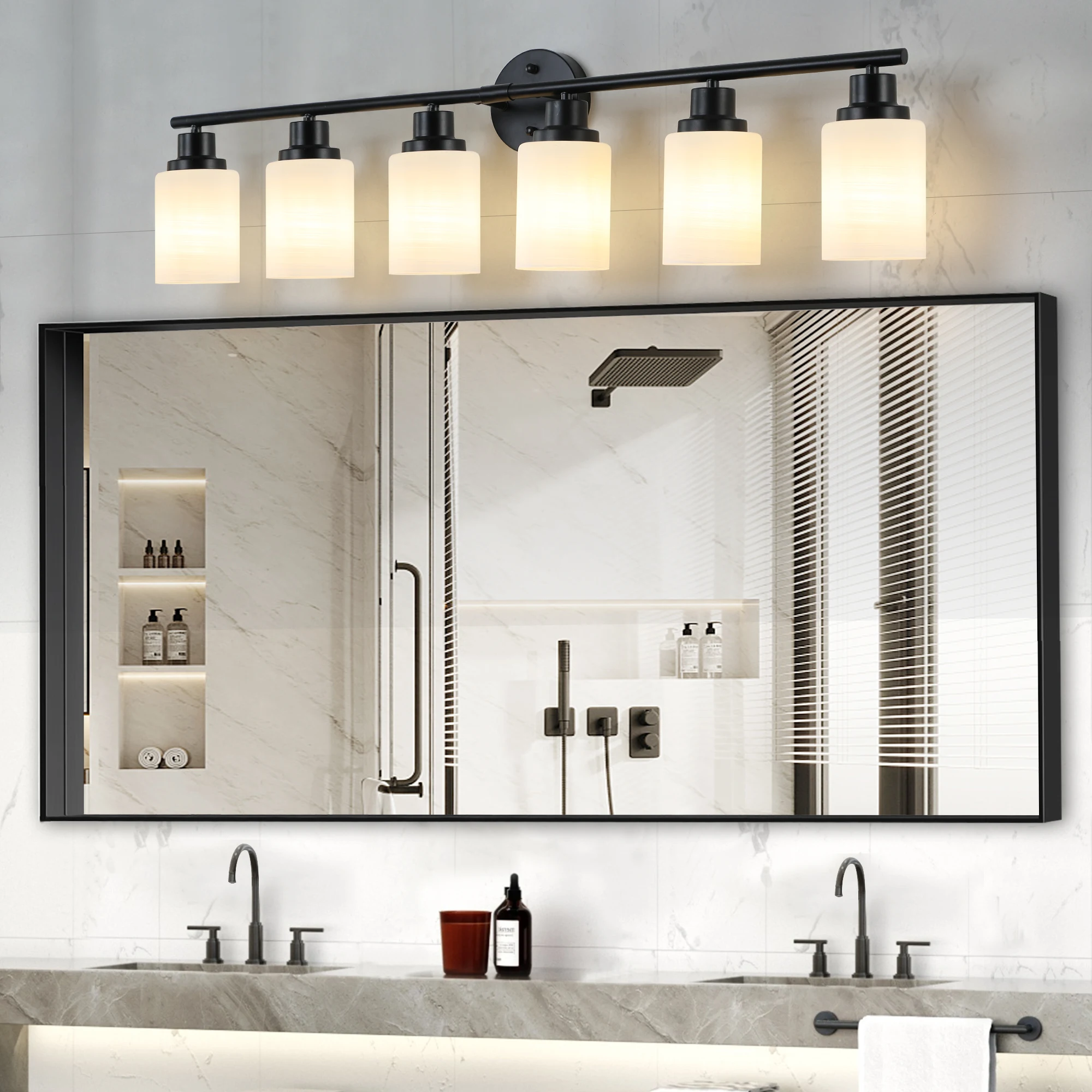 

Modern 4/5/6 Lights Vanity Bathroom Mirror Light, Frosted White Glass Lampshades with Black Iron Frame, Contemporary Wall Sconce