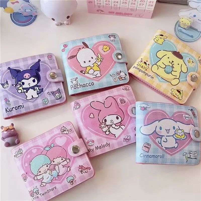

New Kawaii Sanrio Kuromi My Melody Cinnamon Roll Cartoon PU Leather Casual Short Wallet Cute Anime Button Card Holder Coin Purse