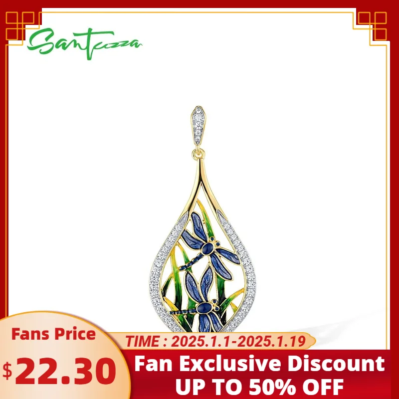 

SANTUZZA Silver Pendant for Women Pure 925 Sterling Silver Yellow Plated Dragonfly Fashion Chic Fine Jewelry Handmade Enamel