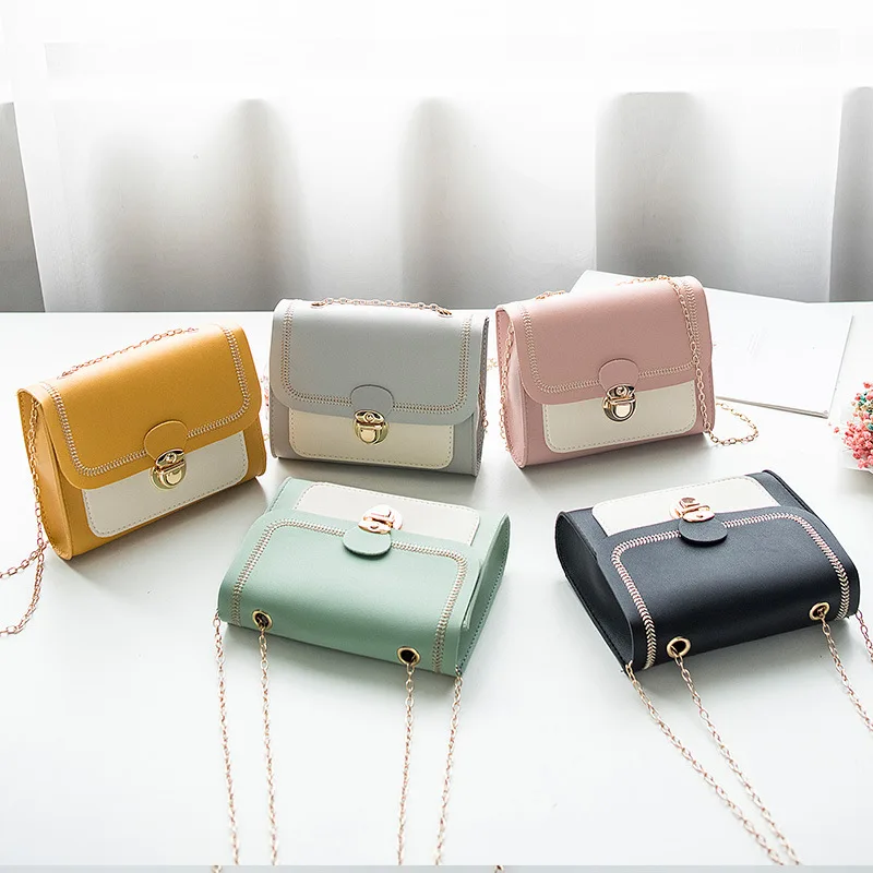 Summer Chain PU Leather Ladies Messenger Bag Stitching Women Shoulder Crossbody Bag Female Small Square Bag Clutch Bags Handbags