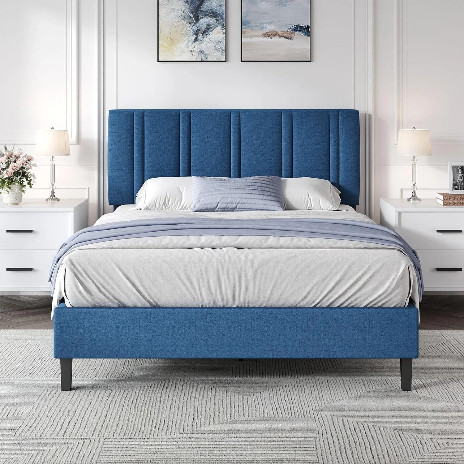 Adjustable Linen Upholstered Queen Platform Bed Heavy Duty Wood Slats Support Headboard, Custom