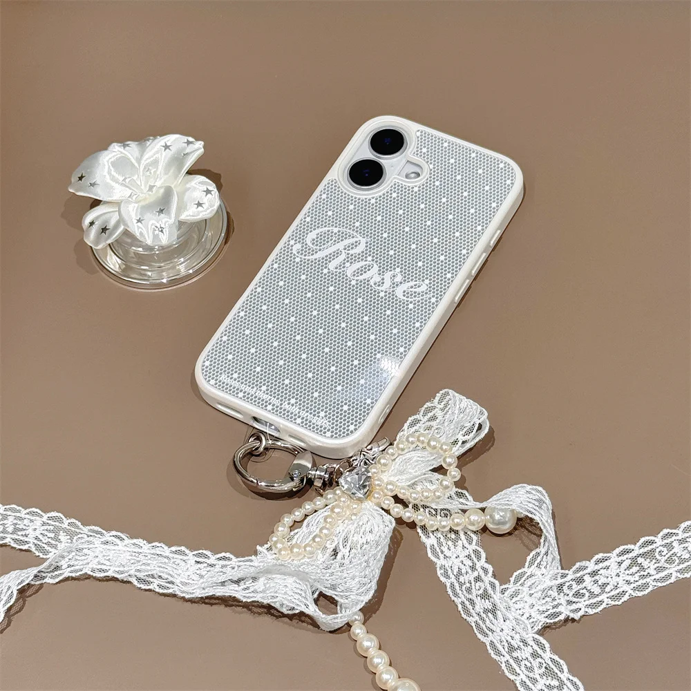 Coquette Polka Dot Phone Case With Lace Pearl Bow Wrist Strap For iPhone 17 16 15 Pro Max Shockproof Soft Protective Back Cover