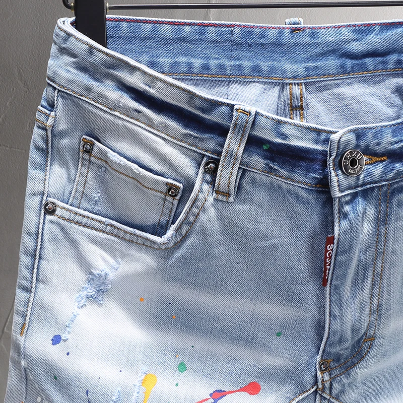 Summer Fashion Men Jeans Retro Light Blue Elastic Spliced Ripped Short Jeans Men Painted Designer Hip Hop Denim Shorts Hombre