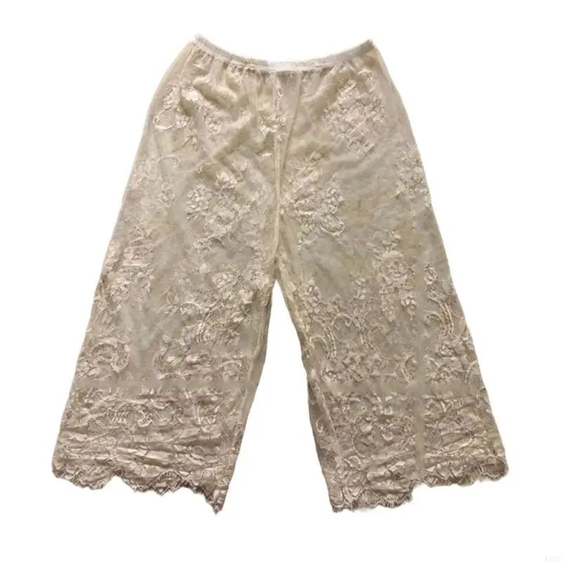 

L5YC Women Pettipant Half Slip Mesh Cropped Pant High Waist Capris Leggings See Through Flower Lace Underpant for Under Dress
