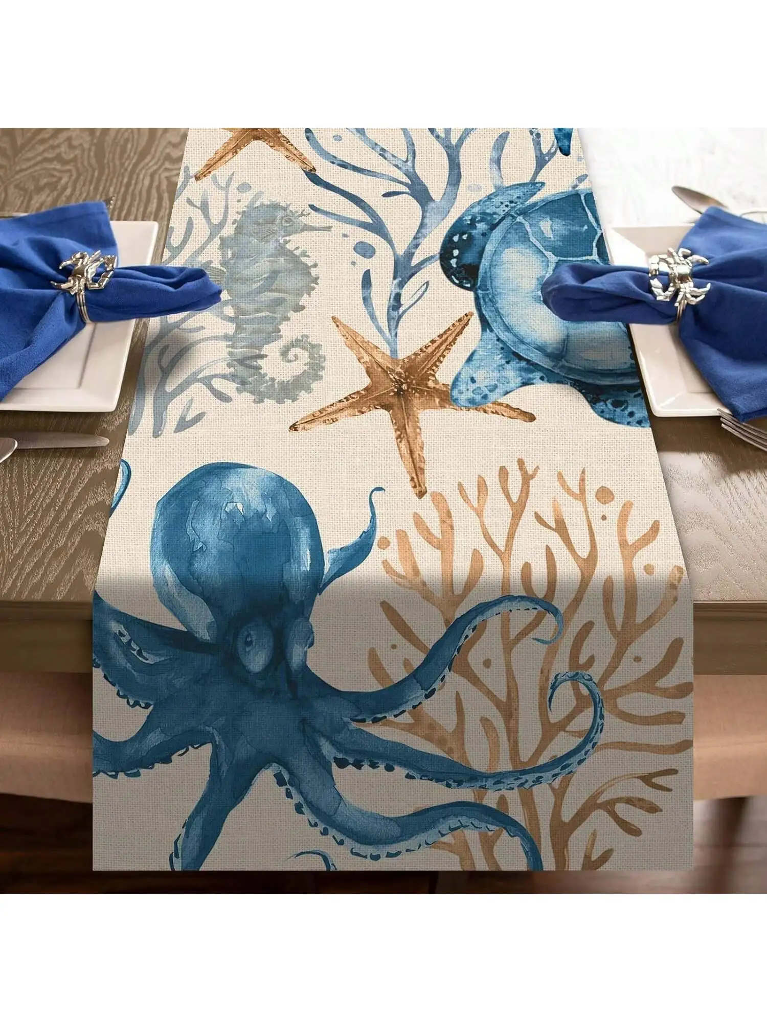 قطعة واحدة من مفرش طاولة على شكل سلحفاة، ديكور بحافة صيفية باللون الأزرق والأخضر المحيط، ديكور حفلات المنزل الداخلي والخارجي في المطبخ #1